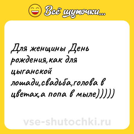 Шутка: Для женщины День<br>рождения,как для цыганской<br>лошади,свадьба,голова в<br>цветах,а попа в мыле)))))