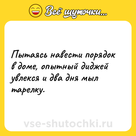 Шутка: Пытаясь навести порядок в доме, опытный диджей увлекся и два дня мыл тарелку.