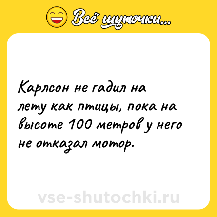 Шутка: Карлсон не гадил на лету как птицы, пока на высоте 100 метров у него не отказал мотор.
