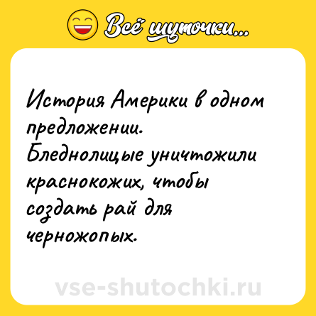 Шутка: История Америки в одном предложении.<br>Бледнолицые уничтожили краснокожих, чтобы создать рай для черножопых.