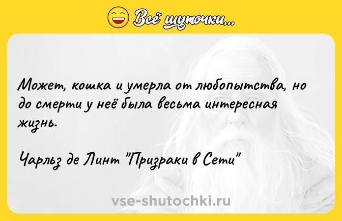 Цитата: Может, кошка и умерла от любопытства, но до смерти у неё была весьма интересная жизнь. Чарльз де Линт Призраки в Сети