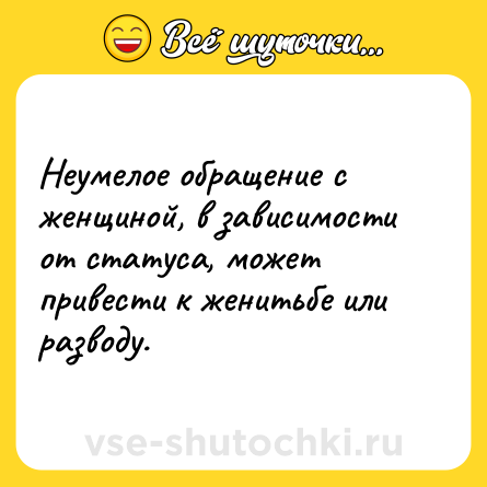 Шутка: Неумелое обращение с женщиной, в зависимости от статуса, может привести к женитьбе или разводу.