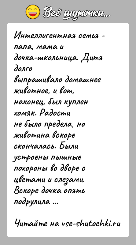 История: Интеллигентная семья - папа, мама и дочка-школьница. Дитя долговыпрашивало домашнее животное, и вот, наконец, был куплен хомяк. Радостине было предела,