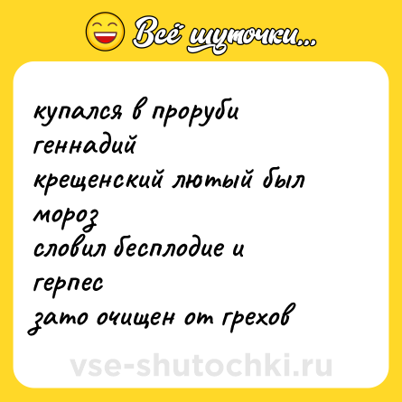 Шутка: купался в проруби геннадий  <br>крещенский лютый был мороз  <br>словил бесплодие и герпес  <br>зато очищен от грехов
