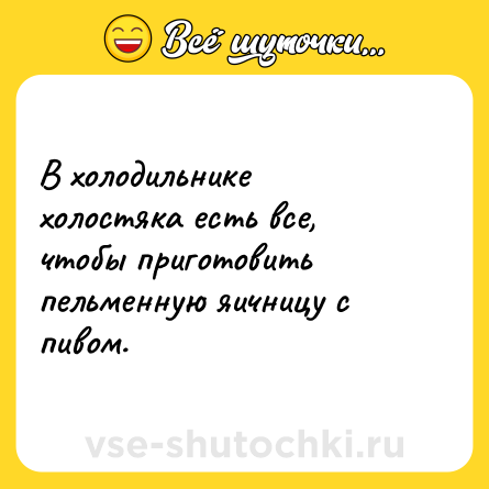 Шутка: В холодильнике холостяка есть все, чтобы приготовить пельменную яичницу с пивом.