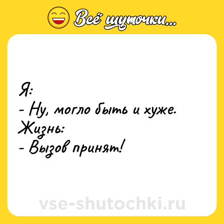Шутка: Я:<br>- Ну, могло быть и хуже.<br>Жизнь:<br>- Вызов принят!