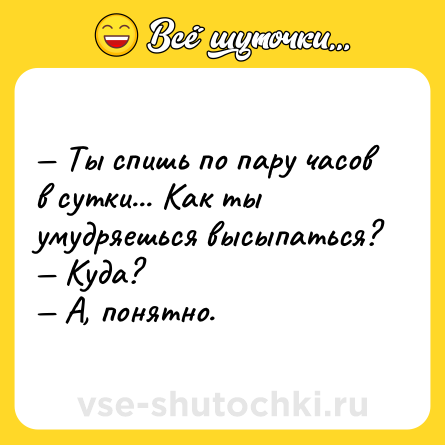 Шутка: — Ты спишь по пару часов в сутки... Как ты умудряешься высыпаться? <br>— Куда? <br>— А, понятно.