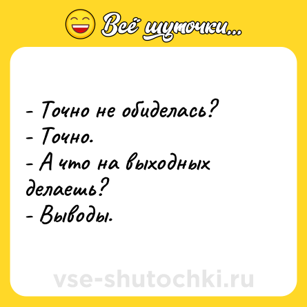 Шутка: - Точно не обиделась?<br>- Точно.<br>- А что на выходных делаешь?<br>- Выводы.