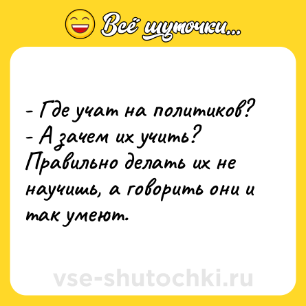 Шутка: - Где учат на политиков?<br>- А зачем их учить? Правильно делать их не научишь, а говорить они и так умеют.