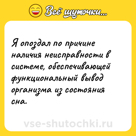 Шутка: Я опоздал по причине наличия неисправности в системе, обеспечивающей функциональный вывод организма из состояния сна.
