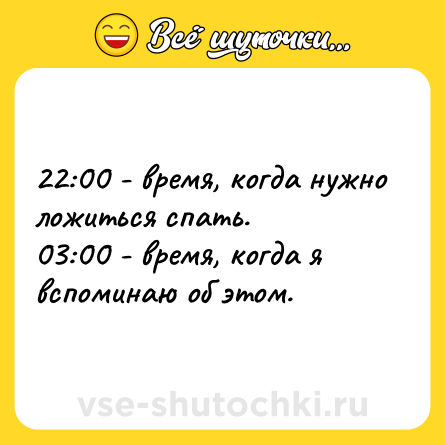 Шутка: 22:00 - время, когда нужно ложиться спать.<br>03:00 - время, когда я вспоминаю об этом.