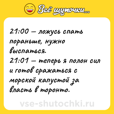 Шутка: 21:00 — ложусь спать пораньше, нужно выспаться. <br>21:01 — теперь я полон сил и готов сражаться с морской капустой за власть в торонто.