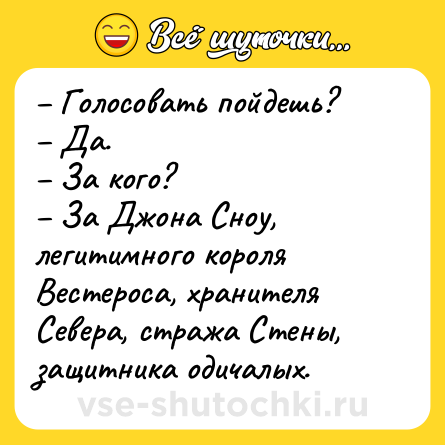 Шутка: – Голосовать пойдешь?<br>– Да.<br>– За кого?<br>– За Джона Сноу, легитимного короля Вестероса, хранителя Севера, стража Стены, защитника одичалых.