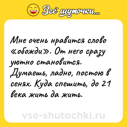 Шутка: Мне очень нравится слово «обожди». От него сразу уютно становится. Думаешь, ладно, постою в сенях. Куда спешить, до 21 века жить да жить.