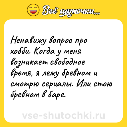 Шутка: Ненавижу вопрос про хобби. Когда у меня возникает свободное время, я лежу бревном и смотрю сериалы. Или стою бревном в баре.