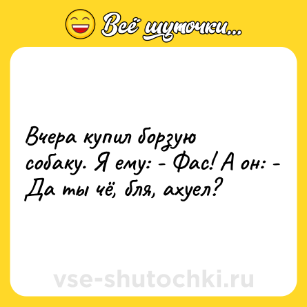 Шутка: Вчера купил борзую собаку. Я ему: - Фас! А он: - Да ты чё, бля, ахуел?