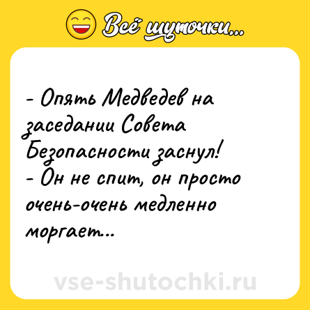 Шутка: - Опять Медведев на заседании Совета Безопасности заснул!<br>- Он не спит, он просто очень-очень медленно моргает...