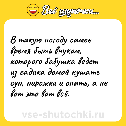 Шутка: В такую погоду самое время быть внуком, которого бабушка ведет из садика домой кушать суп, пирожки и спать, а не вот это вот всё.