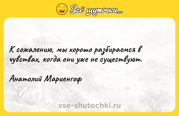 Цитата: К сожалению, мы хорошо разбираемся в чувствах, когда они уже не существуют.Анатолий Мариенгоф