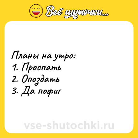 Шутка: Планы на утро: <br>1. Проспать <br>2. Опоздать <br>3. Да пофиг