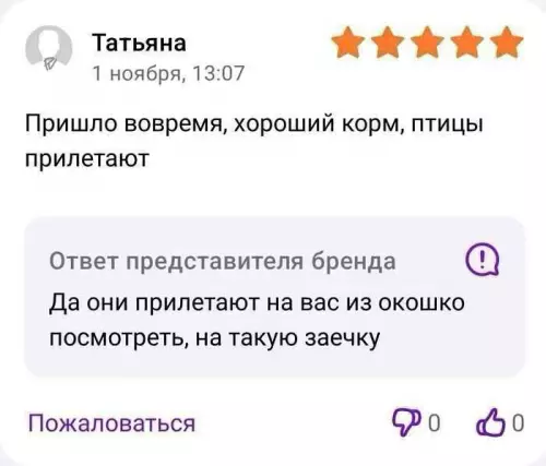 Когда менеджер пошел ва-банк! 😂 - Татьяна, 1 ноября, 13:07. Пришло вовремя, хороший корм, птицы прилетают.