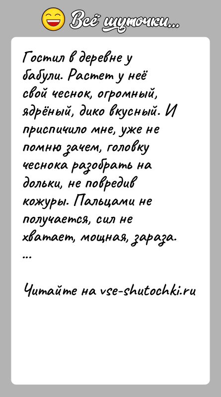 История: Гостил в деревне у бабули. Растет у неё свой чеснок, огромный, ядрёный, дико вкусный. И приспичило мне, уже не помню
