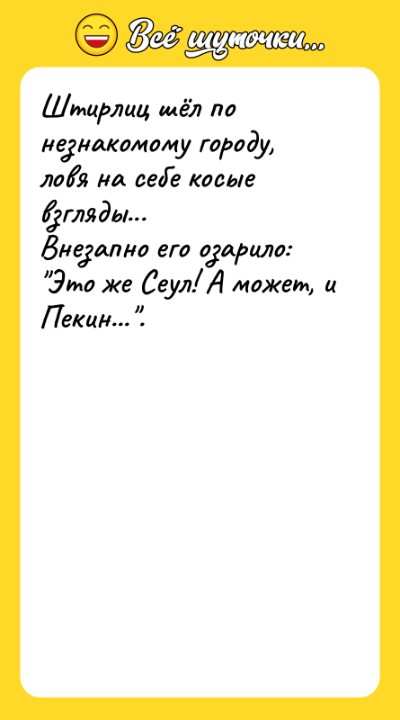 Штирлиц шёл по незнакомому городу, ловя на себе косые взгляды...