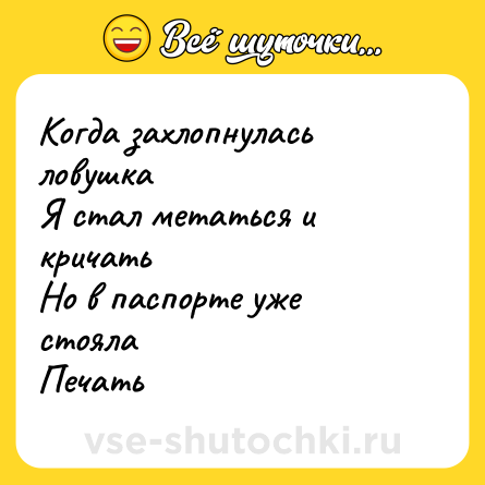 Шутка: Когда захлопнулась ловушка<br>Я стал метаться и кричать<br>Но в паспорте уже стояла<br>Печать
