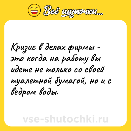 Шутка: Кризис в делах фирмы - это когда на работу вы идете не только со своей туалетной бумагой, но и с ведром воды.