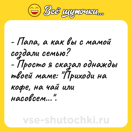 Шутка: - Папа, а как вы с мамой создали семью?<br>- Просто я сказал однажды твоей маме: 