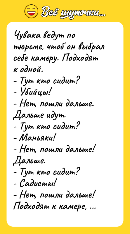 Чувака ведут по тюрьме, чтоб он выбрал себе камеру. Подходят
