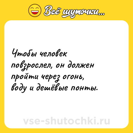 Шутка: Чтобы человек повзрослел, он должен пройти через огонь, воду и дешёвые понты.