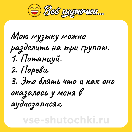 Шутка: Мою музыку можно разделить на три группы:<br>1. Потанцуй.<br>2. Пореви.<br>3. Это блять что и как оно оказалось у меня в аудиозаписях.