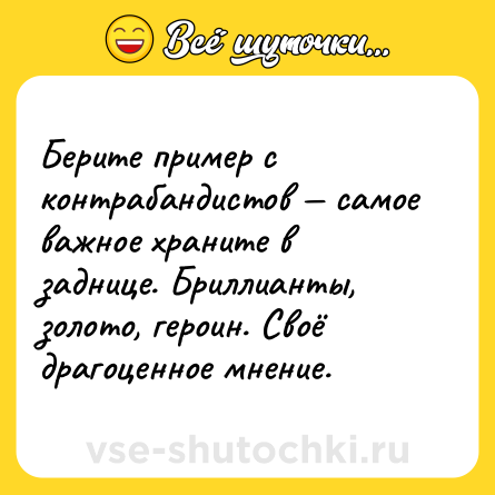 Шутка: Берите пример с контрабандистов — самое важное храните в заднице. Бриллианты, золото, героин. Своё драгоценное мнение.