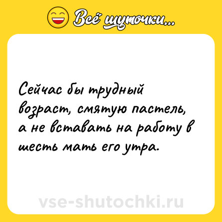 Шутка: Сейчас бы трудный возраст, смятую пастель, а не вставать на работу в шесть мать его утра.