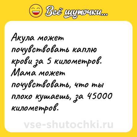 Шутка: Акула может почувствовать каплю крови за 5 километров.<br>Мама может почувствовать, что ты плохо кушаешь, за 45000 километров.