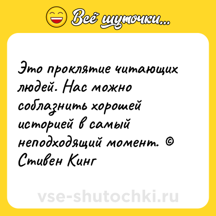 Шутка: Это проклятие читающих людей. Нас можно соблазнить хорошей историей в самый неподходящий момент. © Стивен Кинг