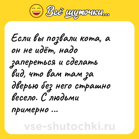 Шутка: Если вы позвали кота, а он не идёт, надо запереться и сделать вид, что вам там за дверью без него страшно весело. С людьми примерно так же.