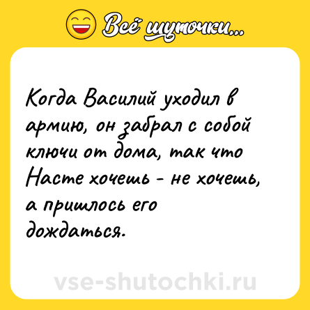 Шутка: Когда Василий уходил в армию, он забрал с собой ключи от дома, так что Насте хочешь - не хочешь, а пришлось его дождаться.