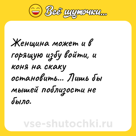 Шутка: Женщина может и в горящую избу войти, и коня на скаку остановить... Лишь бы мышей поблизости не было.