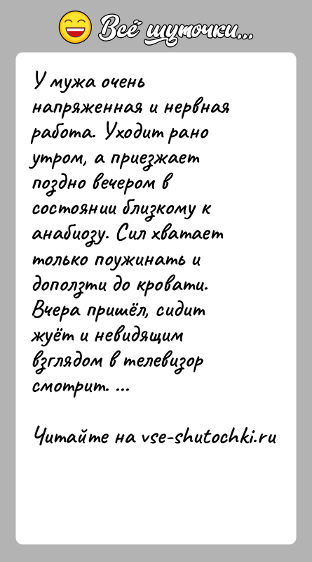 История: У мужа очень напряженная и нервная работа. Уходит рано утром, а приезжает поздно вечером в состоянии близкому к анабиозу. Сил
