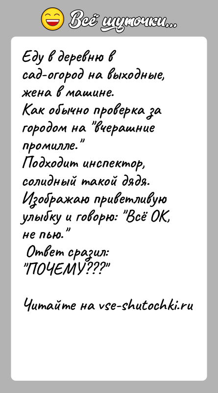 История: Еду в деревню в сад-огород на выходные, жена в машине.Как обычно проверка за городом на вчерашние промилле. Подходит инспектор, солидный такой