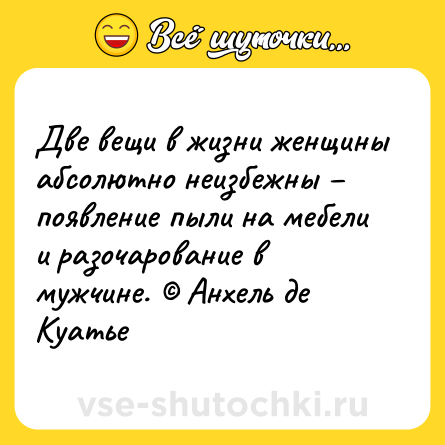 Шутка: Две вещи в жизни женщины абсолютно неизбежны – появление пыли на мебели и разочарование в мужчине. © Анхель де Куатье
