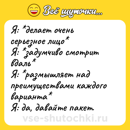 Шутка: Я: *делает очень серьезное лицо*<br>Я: *задумчиво смотрит вдаль*<br>Я: *размышляет над преимуществами каждого варианта*<br>Я: да, давайте пакет.