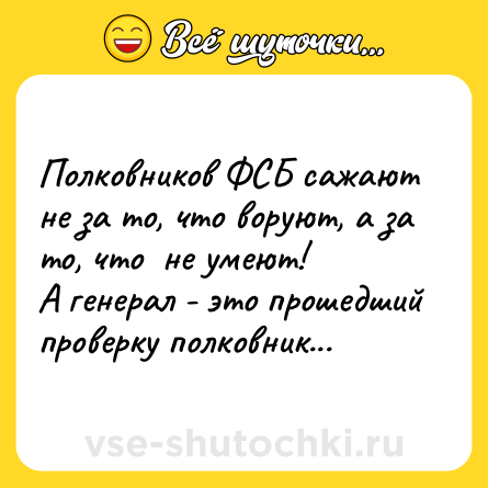 Шутка: Полковников ФСБ сажают не за то, что воруют, а за то, что  не умеют!<br>А генерал - это прошедший проверку полковник...