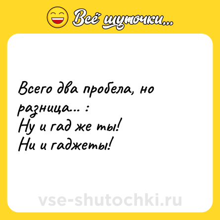 Шутка: Всего два пробела, но разница... :<br>Ну и гад же ты!<br>Ни и гаджеты!