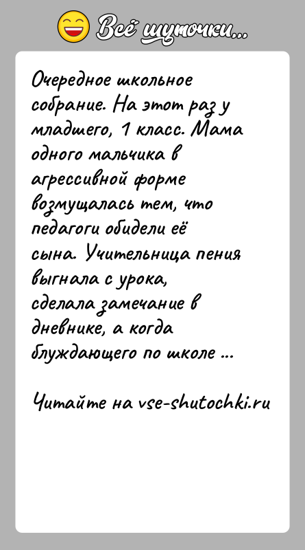 История: Очередное школьное собрание. На этот раз у младшего, 1 класс. Мама одного мальчика в агрессивной форме возмущалась тем, что педагоги