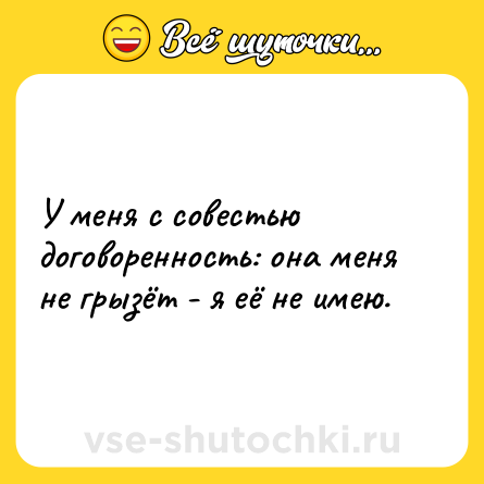 Шутка: У меня с совестью договоренность: она меня не грызёт - я её не имею.