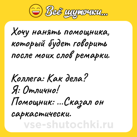 Шутка: Хочу нанять помощника, который будет говорить после моих слов ремарки.<br><br>Коллега: Как дела?<br>Я: Отлично!<br>Помощник: …Сказал он саркастически.