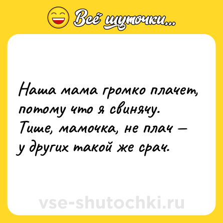 Шутка: Наша мама громко плачет, потому что я свинячу.<br>Тише, мамочка, не плач — у других такой же срач.